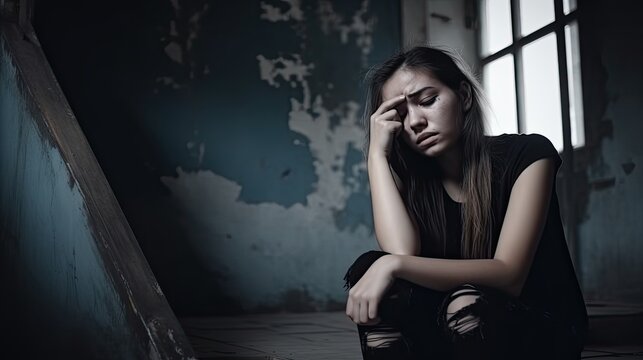 Drugs addiction and withdrawal symptoms concept. Depressed and hopeless teenage girl sitting alone after using drugs and drunk alcohol at abandoned house. International Day against Drug Abuse. 