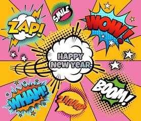Comics Happy new Year. Vintage, retro style with graffiti elements, collage, cartoon cinema.Multicoloured background. Holiday illustration. 
