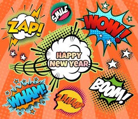 Comics Happy new Year. Vintage, retro style with graffiti elements, collage, cartoon cinema.