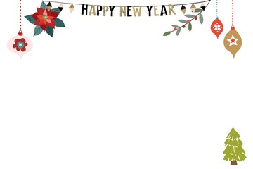 Happy new year background with flowers, leaves , lettering. Holiday illustration.