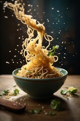 temping noodles in bowl with splash of noodles 