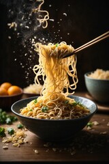 temping noodles in bowl with splash of noodles 