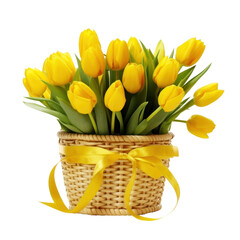 Beautiful yellow tulip flowers in a small wicker basket isolated on transparent background, png clip art, floral element.