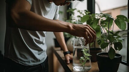 Midsection of biracial young man pouring water on plants while standing at home 