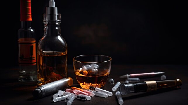 Let's stop drug addiction. Syringe and cigarette, pills with prohibition sign on dark background 
