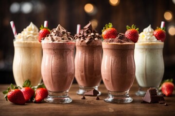 A trio of milkshake glasses featuring different flavors chocolate vanilla and strawberry 