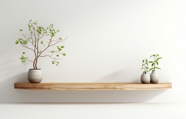 Three vases with plants on a wooden shelf