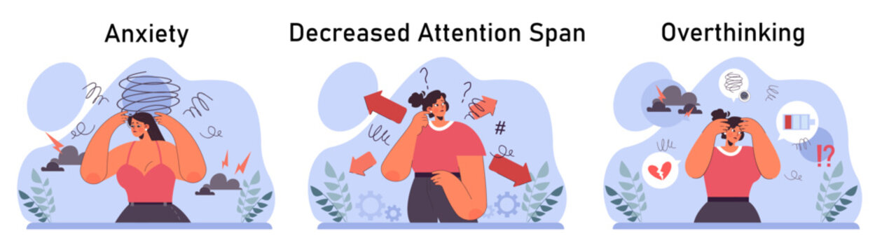 Anxiety set. Character mental health issues. Woman coping with psychological stress. Mental disorder emotional and physical symptom. Flat vector illustration