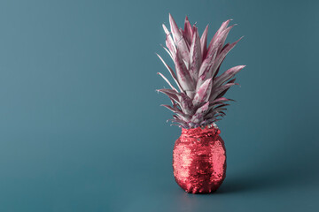 Creative fruit concept. Pineapple in red glittery evening attire on blue background with copy space.