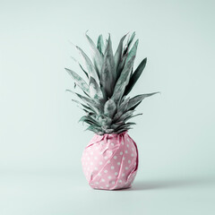 Creative fruit concept. Pineapple wrapped in pink polka dot gift paper on blue pastel background.