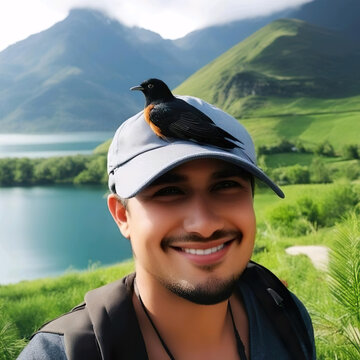 Hombre joven con bigote y perilla con un pájaro posado en su gorra con un paisaje de fondo 