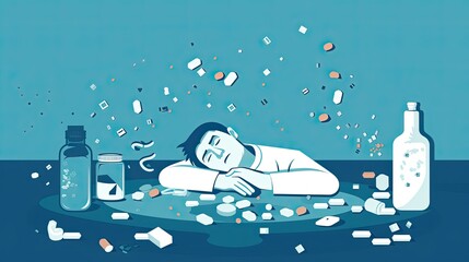 Sick patient Man in depression drowning in medications, conceptual illustration of drug addiction. Eps 10 Vector illustration, horizontal image, Minimalist white blue flat design. 