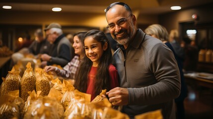 Uma foto emocionante de membros da comunidade de todas as idades se reunindo para empacotar e distribuir cestas de alimentos de Ação de Graças para aqueles que precisam. - obrazy, fototapety, plakaty