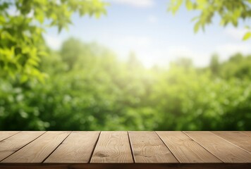 A wooden table top with a blurred background