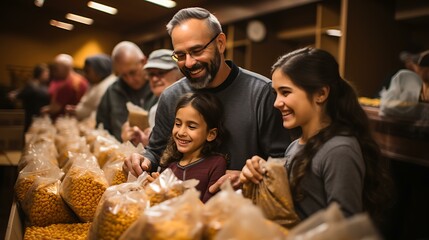 Uma foto emocionante de membros da comunidade de todas as idades se reunindo para empacotar e distribuir cestas de alimentos de Ação de Graças para aqueles que precisam.