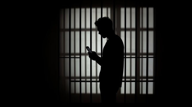 Silhouette of a male prisoner in a smartphone. Social media addiction, internet addiction, smartphone addiction. social disease. Modern design, magazine style 