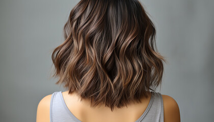 Elegant brunette hair cascading in soft waves, highlighting rich shades of brown and caramel...