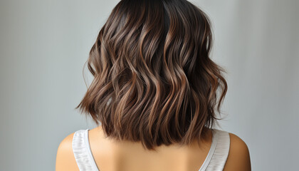 Elegant brunette hair cascading in soft waves, highlighting rich shades of brown and caramel against a muted background