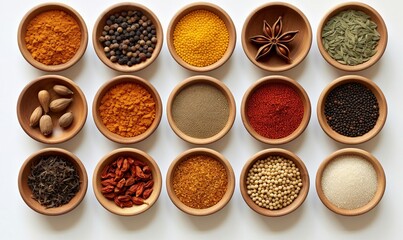 A colorful assortment of spices in various bowls