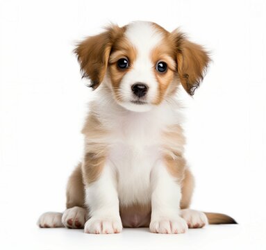 A cute brown and white puppy sitting on a white floor