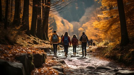 Uma imagem pitoresca de uma família ou grupo de amigos fazendo trilha por uma floresta com folhagem vibrante de outono no Dia de Ação de Graças.