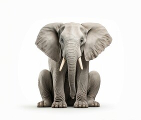 An elephant sitting with its trunk raised in a playful gesture