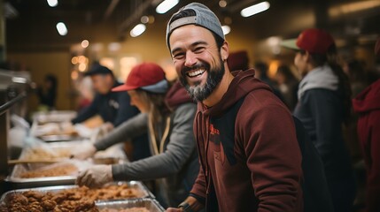 Uma imagem emocionante de voluntários em um banco de alimentos ou evento beneficente interagindo calorosamente com aqueles que precisam. - obrazy, fototapety, plakaty