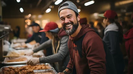 Fotobehang Uma imagem emocionante de voluntários em um banco de alimentos ou evento beneficente interagindo calorosamente com aqueles que precisam. © Alexandre