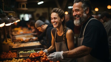 Obraz na płótnie Canvas Uma imagem emocionante de voluntários em um banco de alimentos ou evento beneficente interagindo calorosamente com aqueles que precisam.