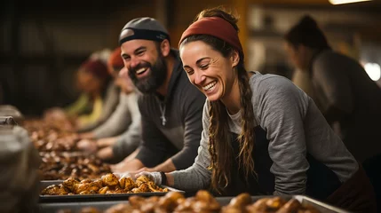 Fotobehang Uma imagem emocionante de voluntários em um banco de alimentos ou evento beneficente interagindo calorosamente com aqueles que precisam. © Alexandre