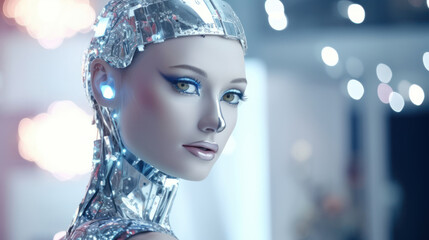 Female robot face closeup on white blurred digital background. Artificial intelligence in virtual reality. Robot head conceptual design closeup portrait. - obrazy, fototapety, plakaty