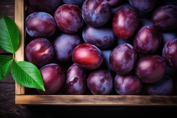 Fototapeta premium A succulent and ripe plum, bursting with sweetness and organic freshness, set against a rustic wooden background, making it a delicious and healthy addition to your diet.