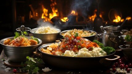 Uma imagem capturando o processo de preparação de um banquete de Ação de Graças. O destaque é um peru dourado assando no forno, cercado por panelas de purê de batata borbulhante.