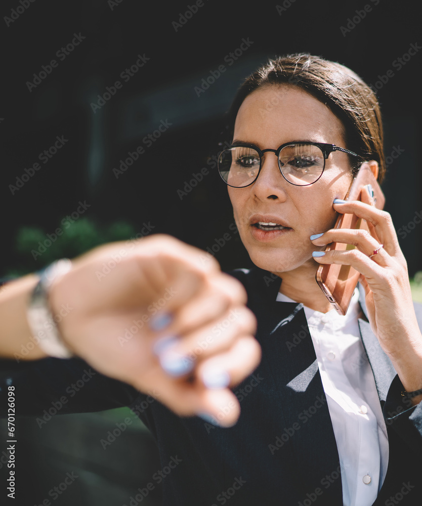 Poster caucasian executive manager using roaming connection for talk