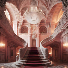 Pink Marble Stone Paradise Royal World Residence Heritage Luxury Interior Grand Palace Palais Baroque & Neoclassical Architecture Stairway Stairwell  Site w Arch Windows Museum Medieval Castle Wedding - obrazy, fototapety, plakaty
