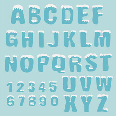 Ice Alphabet covered with snow letter line A-Z, 0-9