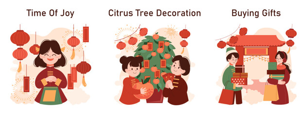 Chinese New Year tradition set. Cheerful asian family leisure on festive day. Characters celebrate national asian festivity with fireworks, lantern and dragon dance. Flat vector illustration