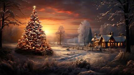 Ilustração de uma paisagem enevoada com uma árvore de natal iluminada e uma casa aconchegante ao fundo