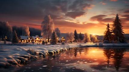 Foto op Canvas Ilustração de uma paisagem enevoada com uma árvore de natal iluminada e uma casa aconchegante ao fundo © Alexandre