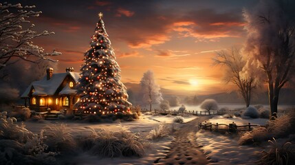 Ilustração de uma paisagem enevoada com uma árvore de natal iluminada e uma casa aconchegante ao fundo - obrazy, fototapety, plakaty