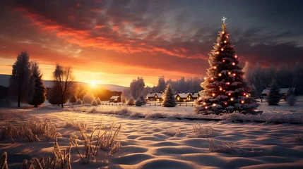 Fotobehang Ilustração de uma paisagem enevoada com uma árvore de natal iluminada e uma casa aconchegante ao fundo © Alexandre