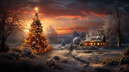 Papier peint Gris 2 Ilustração de uma paisagem enevoada com uma árvore de natal iluminada e uma casa aconchegante ao fundo