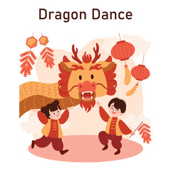 Chinese New Year tradition. Cheerful asian family leisure on festive day. Characters celebrate national asian festivity with fireworks, lantern and dragon dance. Flat vector illustration