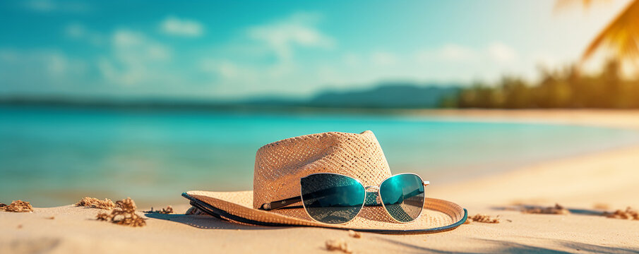 hat and sunglasses on sand beach, summer travel happy holiday Summer Holidays concept,hat and sea on light by the beach,
 Copy space summer vacation, Tropical Beach Getaway,Summer Vacation Essentials