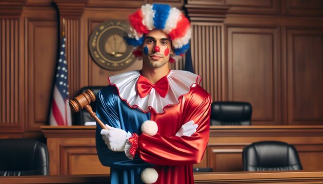A judge wearing a red, white, and blue clown costume, gavel in hand, presiding over a courtroom. This juxtaposes the solemnity of justice and law with the absurdity of the attire..
