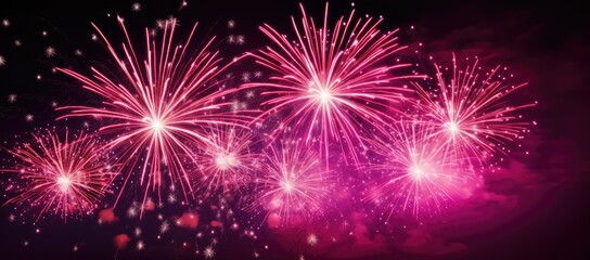 Naklejka premium Multicolored fireworks on a dark background. Banner for the site. Place for text. Wallpaper for holidays. Festive light