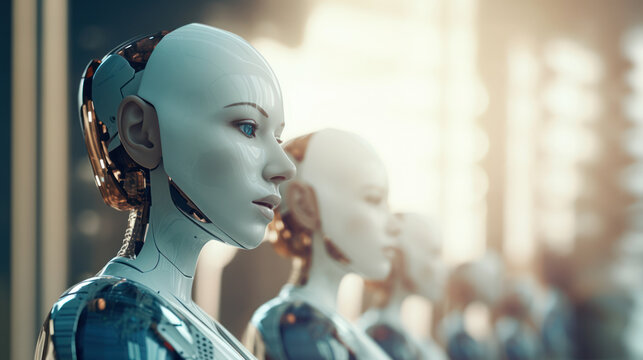 group of Female robots closeup on white blurred digital background. Artificial intelligence in virtual reality. Robot head conceptual design closeup portrait.