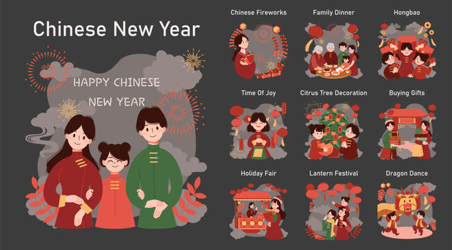 Chinese New Year tradition dark or night mode set. Cheerful asian family leisure on festive day. Celebrate national asian festivity with fireworks, lantern and dragon dance. Flat vector illustration