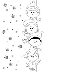 Children in Christmas costumes and a blank banner. Vector black and white coloring page.