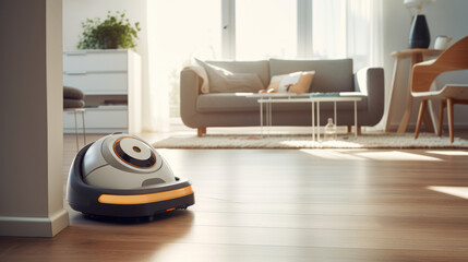 Robot vacuum cleaner on hardwood floor at home. smart home concept
